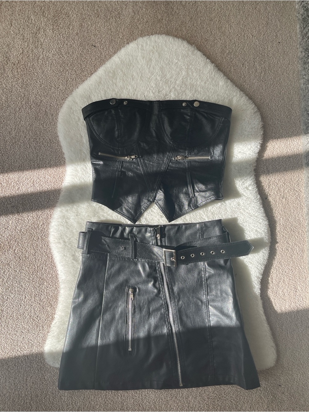 Black Leather Corset Top and Skirt Set